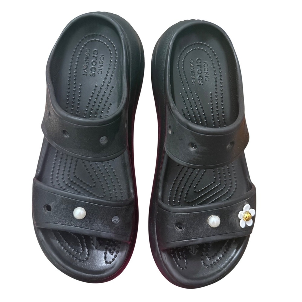 Crocs Classic Crush Sandal Black Platform Two‎ Strap Slide Women Size 9